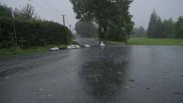 Static shot of rain and bags of sand