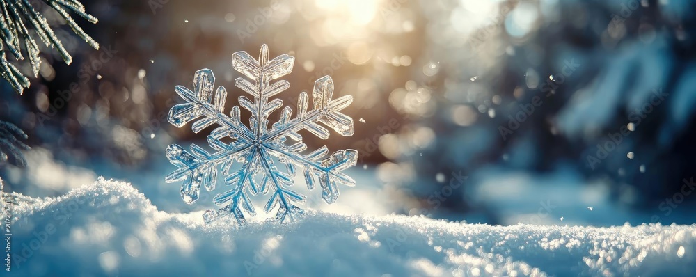 Poster a close-up of a beautiful snowflake resting on soft snow, illuminated by golden sunlight, creating a