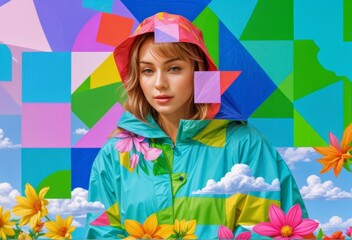 Fototapeta premium A vibrant, abstract composition features colorful geometric patterns overlaying a floral design.