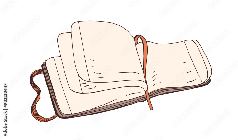 Poster open sketchbook, notebook, journal with blank papers. notepad, planner with ribbon bookmark in pages