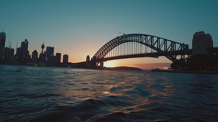 Naklejka premium Imaginary Sydney Harbour Bridge scene with red sunset over blue ocean waters