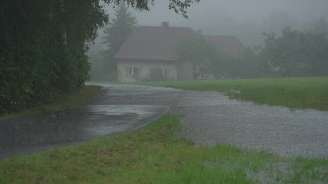 Close static shot of flooded road and field
