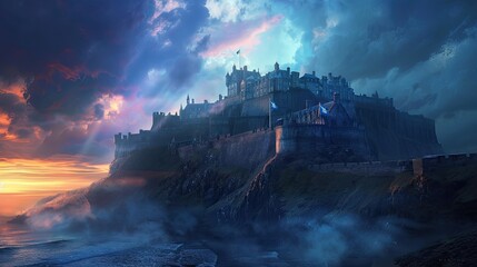 Fototapeta premium Imaginary Edinburgh Castle scene with white-blue light under a dramatic sunset