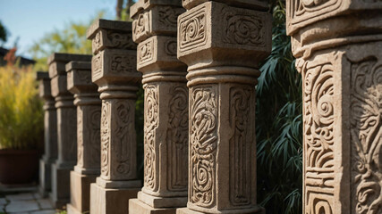Obraz premium Hand carved stone pillars by garden background