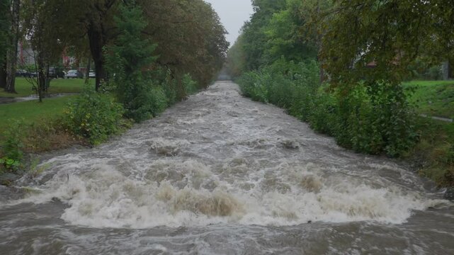 Tilt wide shot of strong current of river
