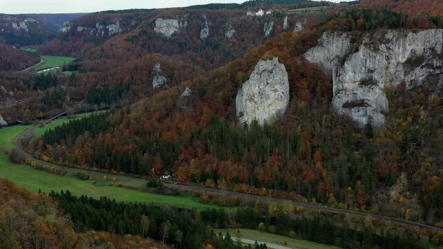 Aerial view of autumn trees on a sunny day in the Black Forest, Baar, Heuberg, Baden-Württemberg, Germany