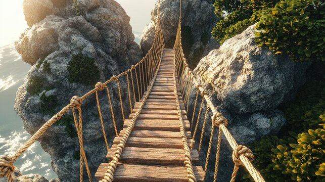 Fototapeta Suspended rope bridge between two large rocks, 3D rendered in a natural setting with intricate details, ropes, and wooden planks swaying gently