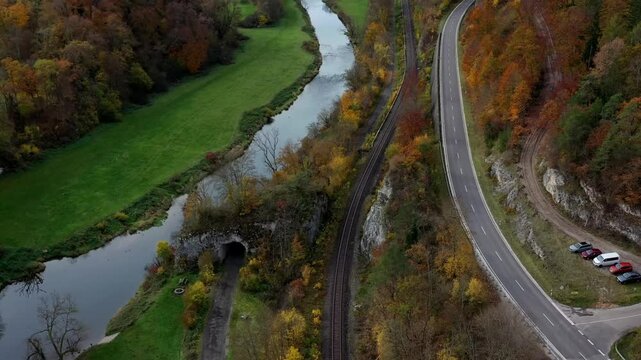 Aerial view of autumn trees on a sunny day in the Black Forest, Baar, Heuberg, Baden-W&uuml;rttemberg, Germany