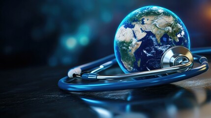 The planet Earth highlighted in a 3D illustration, with a stethoscope examining it, promoting World Health Day and global health awareness