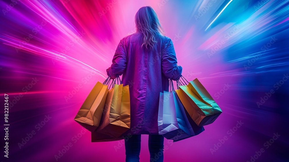 Poster a shopper holding multiple bags in both hands, standing in front of a colorful background filled wit