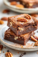 Brownie Cake Portion, Chocolate Dessert with Pecan Nuts on White Plate, Vertical Food Photo.
