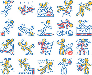accident injury man person doodle icons set vector. sketch line art human car crash, fail safety, road danger, slip caution, work risk traffic accident injury man person color illustrations
