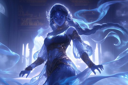 graceful female djinn in a glowing temple hall commanding magical forces with elegance and supernatural power