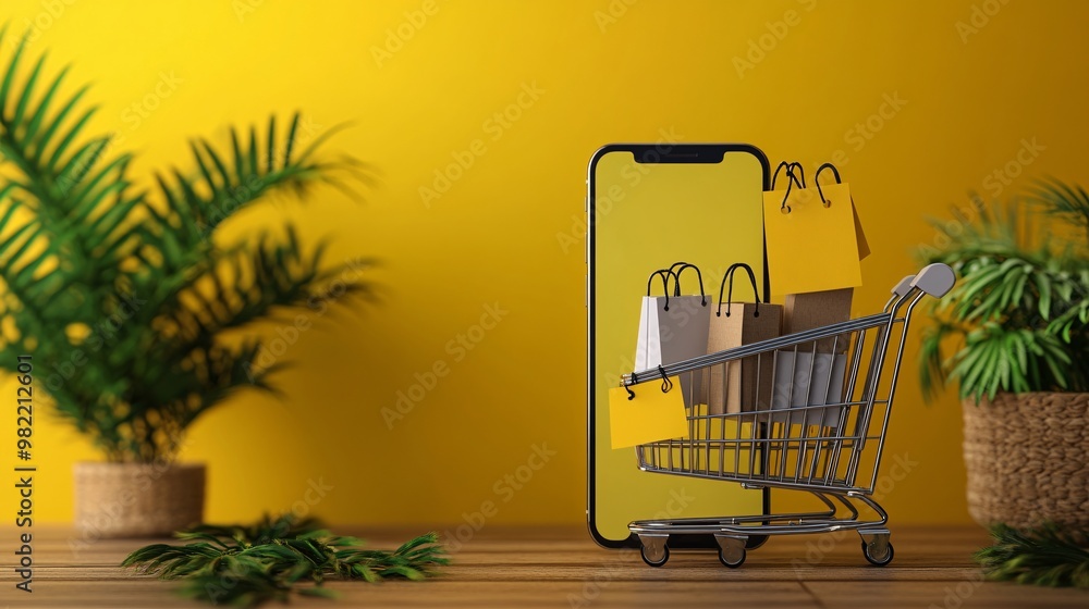 Poster A smartphone screen showing an online shopping app, with a virtual cart full of items and several discount tags hanging off each product. The interface is clean and vibrant, symbolizing the