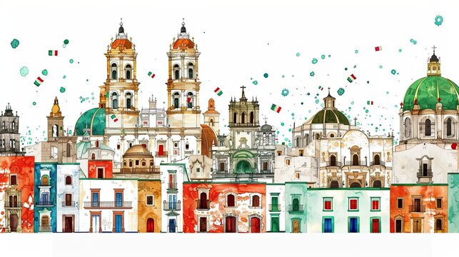 Non-real Zocalo Square in Mexico City with cathedral and buildings painted in Mexican flag colors