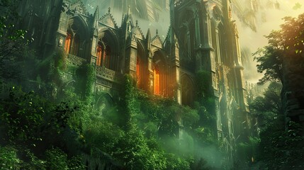 Non-real St. Patrick's Cathedral in Dublin glowing in Irish flag colors lush greenery