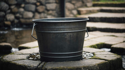 Naklejka premium Metal bucket beside stone well background
