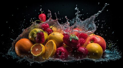 A splash of water has splashed over a pile of fruit, including oranges, apples