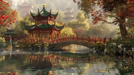 Fototapeta premium Fantasy Suzhou Gardens in China pavilions glowing in Chinese flag colors by the water