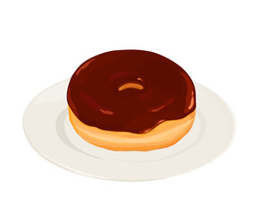 Chocolate glazed donut on a white plate. Hand drawn vector illustration.