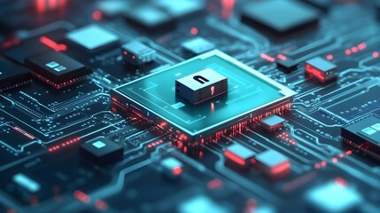 Cyber Security Padlock on Circuit Board