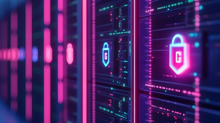 Obraz premium Cyber Security Server Room with Neon Lock Icon