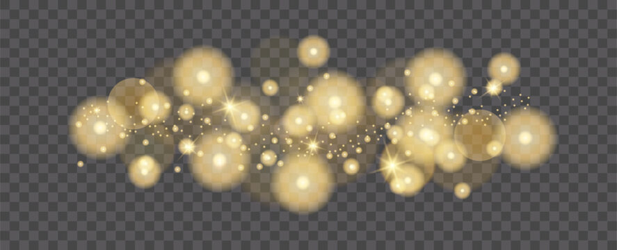 Christmas glowing bokeh confetti light. Festive sparkling gold dust. Glitter texture overlay for your design on transparent background. Salutes, Fireworks. Light effect with sparks and gliter.