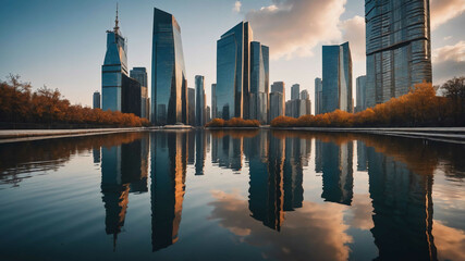 Fototapeta premium Modern skyscrapers reflecting in water background