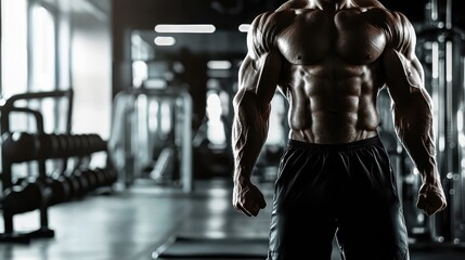 Fototapeta premium Male bodybuilder showcasing muscular physique in gym with workout equipment in the background. Perfect for fitness and bodybuilding concepts.