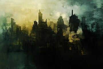 Naklejka premium A moody city skyline shrouded in fog, evoking a sense of mystery and solitude.