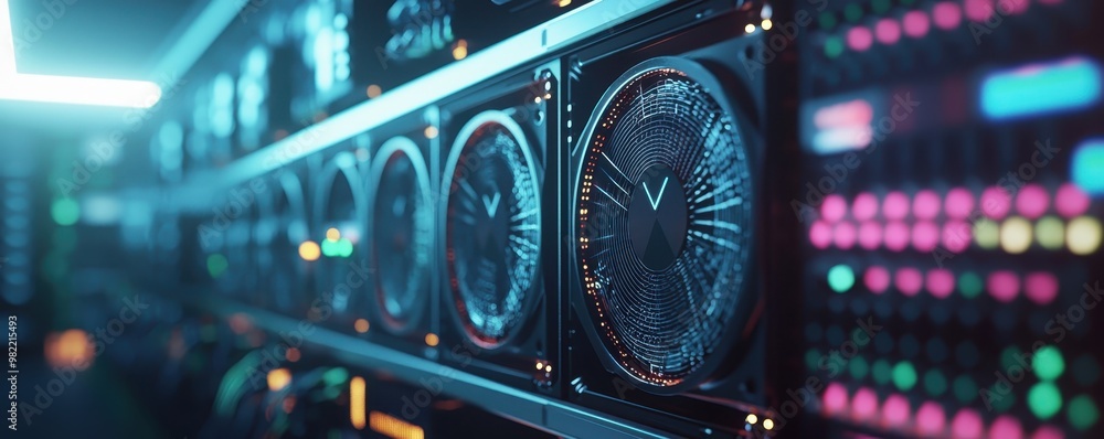 Poster close-up view of a powerful gpu mining rig, illuminated with vibrant lights, used for cryptocurrency