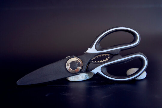 kitchen scissors in a protective case on a black background