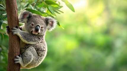 Adorable koala clings to a tree in a lush green forest, showcasing the beauty of Australian wildlife in a tranquil natural setting.