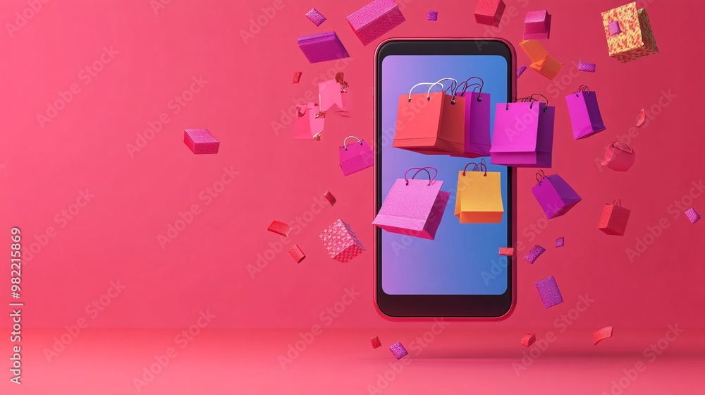 Poster A mobile device showing a shopping interface filled with colorful pop-up discounts and flashing sale tags. The screen is full of excitement, symbolizing the rush of online shopping during