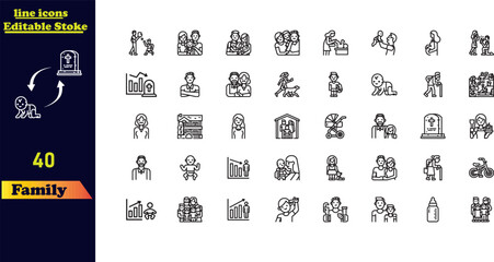 Family stroke icon set, featuring icons for parents, mother, father, children, babies, grandparents, and household elements. Editable icon collection.