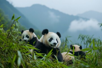 Obraz premium Three adorable pandas play peacefully in a lush green bamboo forest. This image captures the beauty of wildlife and nature. Perfect for nature lovers. Generative AI