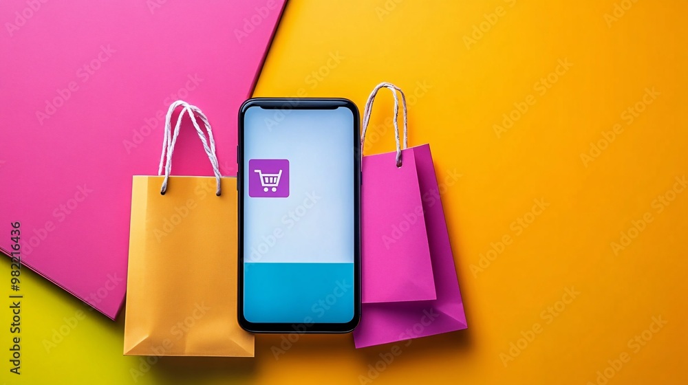 Poster A mobile phone displaying an e-commerce app with pop-up sale alerts, alongside product recommendations. The bright colors and dynamic interface emphasize the speed and convenience of online shopping