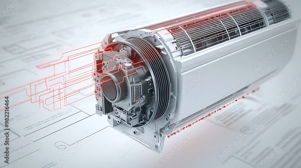 Poster a detailed 3d model of a mechanical component with red lines representing electrical circuits on a t