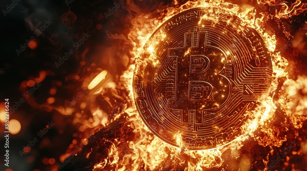 Poster a fiery bitcoin symbol surrounded by bright flames, representing the volatile and dynamic nature of 