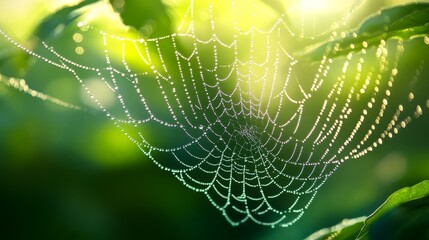 Naklejka premium Dew-Covered Spider Web with Sunlit Background