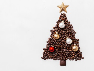 Coffee beans arranged in the shape of a Christmas tree, with ornaments and tinsel, creative coffee art, festive creativity