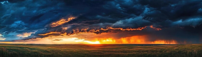 Obraz premium A stunning landscape showcasing vibrant clouds and a dramatic sunset over a vast field, evoking peace and natural beauty.