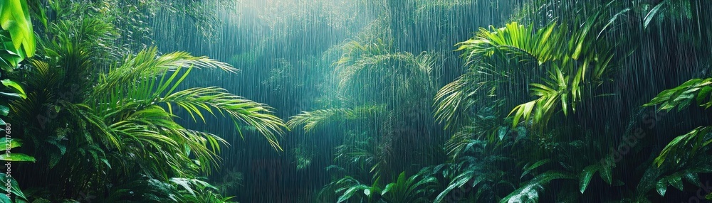 Poster lush jungle scene with vibrant greenery and soft light filtering through the canopy, creating a sere