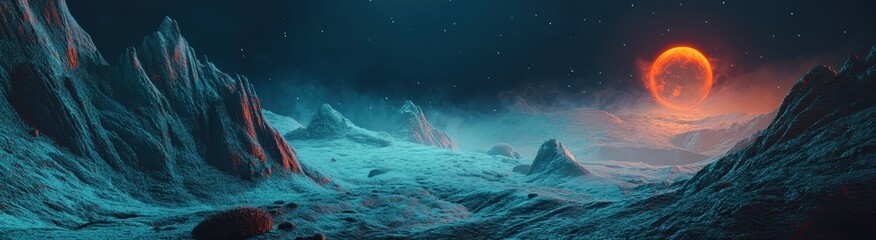 Surreal alien landscape with rugged mountains and an eerie red planet. Atmospheric night scene in outer space.