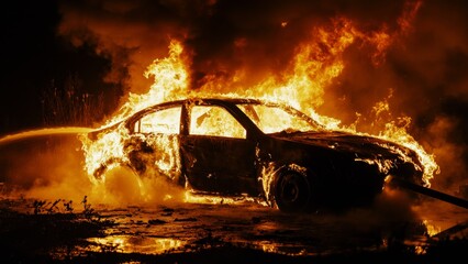 dramatic scene of a vehicle engulfed in intense flames at night, firefighters battling blaze with water jets, showcasing firefighting action