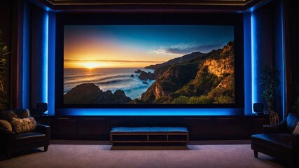 Fototapeta premium Home cinema featuring large TV screen illuminated with soft neon lighting providing cozy ambiance