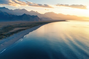 Fototapeta premium A tranquil beach at dawn with pastel-colored skies and gentle waves. Beautiful simple AI generated image