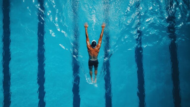 top view of male swimmer in competitive swimming pool, professional athlete performing freestyle stroke in clear blue water, training for swim race