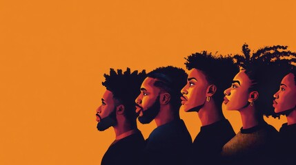 Group of african american women and men in profile on orange background