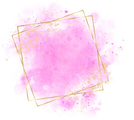 watercolor background pink and white. gold square frame with pollen for decoration design logo, card. hand painted abstract